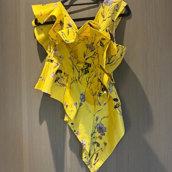 Self Portrait Size 6 Yellow Floral Printed Asymmetric Ruffled Top - Picture 2 of 6
